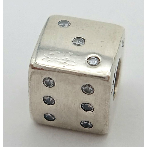 1259 - A PANDORA STERLING SILVER STONE SET DICE CHARM 3.7G , 8MM X 8MM. Ref: SC 7077