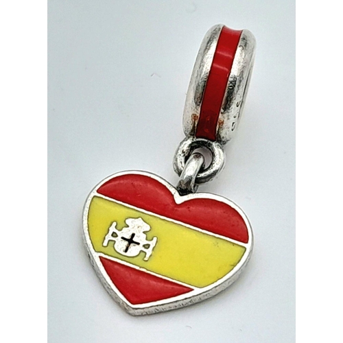 1280 - A PANDORA STERLING SILVER SPANISH FLAG HEART DANGLE CHARM 2.7G , 24MM X 12M. Ref: SC 7080