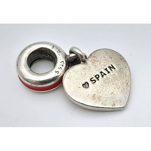 1280 - A PANDORA STERLING SILVER SPANISH FLAG HEART DANGLE CHARM 2.7G , 24MM X 12M. Ref: SC 7080