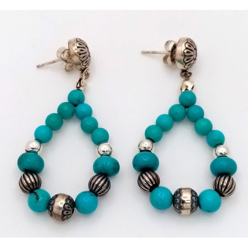 1281 - A Pair of Vintage Native American Sterling Silver Turquoise Beaded Hoop Earrings-4.8cm Drop. Set wit... 