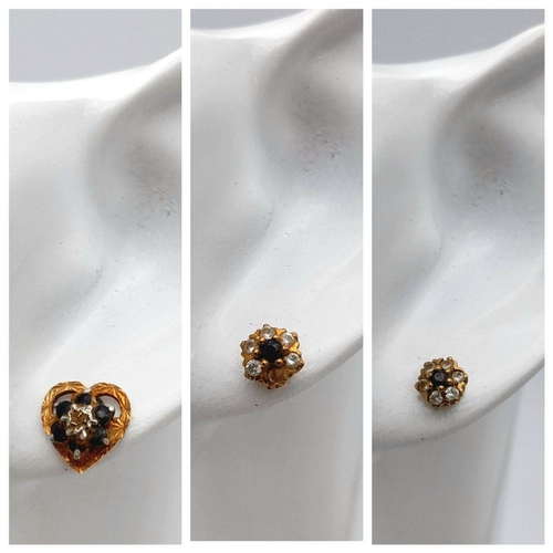 1286 - Three Different Style Pairs of 9K Yellow Gold Stone Set cluster Earrings. 3.8g total weight.