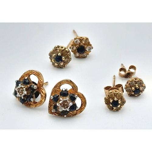 1286 - Three Different Style Pairs of 9K Yellow Gold Stone Set cluster Earrings. 3.8g total weight.