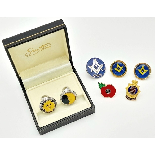 1316 - A Parcel of 4 Vintage Masonic Enamel Lapel Pins Plus a Pair of Boxed Sun and Moon Cufflinks by Strat... 