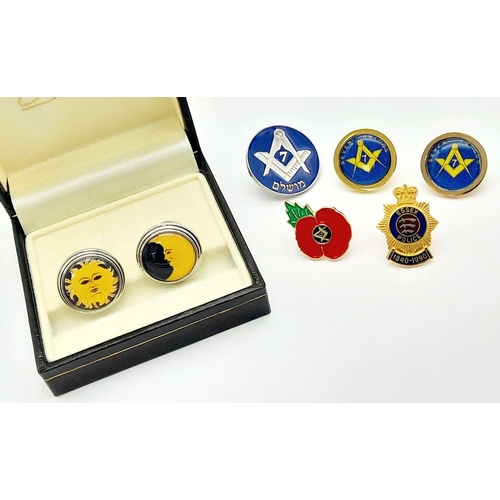 1316 - A Parcel of 4 Vintage Masonic Enamel Lapel Pins Plus a Pair of Boxed Sun and Moon Cufflinks by Strat... 