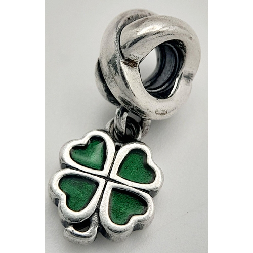 1318 - A PANDORA STERLING SILVER 4 LEAF LUCKY IRISH CLOVER DANGLE CHARM. 3.8G, 2CM LENGTH. Ref: SC 9012