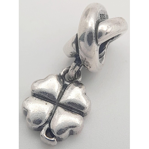 1318 - A PANDORA STERLING SILVER 4 LEAF LUCKY IRISH CLOVER DANGLE CHARM. 3.8G, 2CM LENGTH. Ref: SC 9012