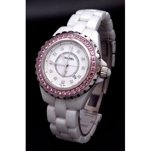 135 - A Chanel J12 White Ceramic Ladies Quartz Watch. Ceramic bracelet and case - 34mm. White dial with di... 