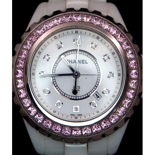 135 - A Chanel J12 White Ceramic Ladies Quartz Watch. Ceramic bracelet and case - 34mm. White dial with di... 