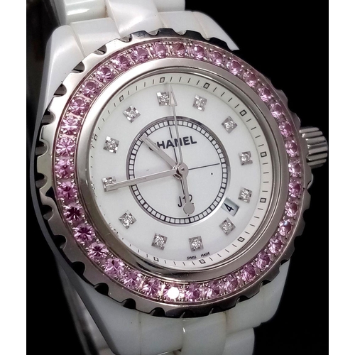 135 - A Chanel J12 White Ceramic Ladies Quartz Watch. Ceramic bracelet and case - 34mm. White dial with di... 