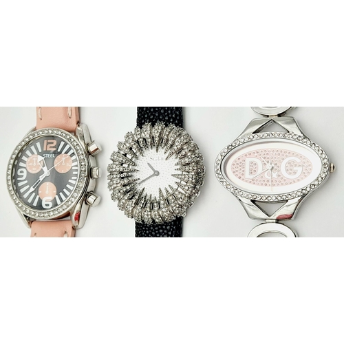 1351 - Three Ladies Crystal Set Fashion Watches Comprising; 1) An Oval Face Watch by D & G, 2) A Chronomete... 