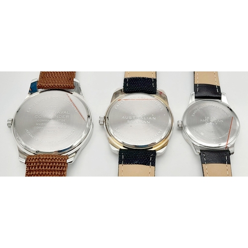 1379 - Three Military Naval Design Quartz Homage Watches Comprising; 1) Australian Seaman-40mm Case. 2)Amer... 