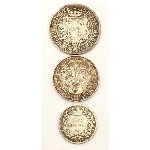 1494 - Three Victorian Silver Coins: 1875 (die 6) Shilling, 1893 Two Shillings and an 1895 Half Crown. Plea... 