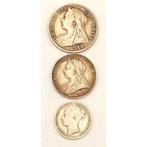 1494 - Three Victorian Silver Coins: 1875 (die 6) Shilling, 1893 Two Shillings and an 1895 Half Crown. Plea... 