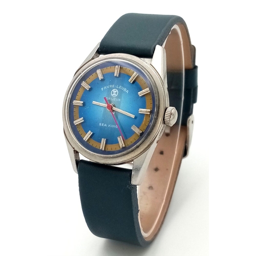 1500 - A Vintage Favre-Leuba, Sea King Mechanical Unisex Watch. Blue leather strap. Stainless steel case - ... 