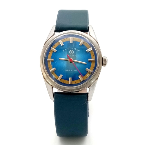 1500 - A Vintage Favre-Leuba, Sea King Mechanical Unisex Watch. Blue leather strap. Stainless steel case - ... 