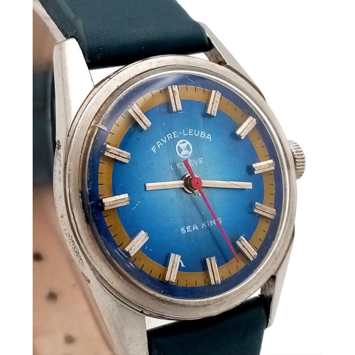 1500 - A Vintage Favre-Leuba, Sea King Mechanical Unisex Watch. Blue leather strap. Stainless steel case - ... 