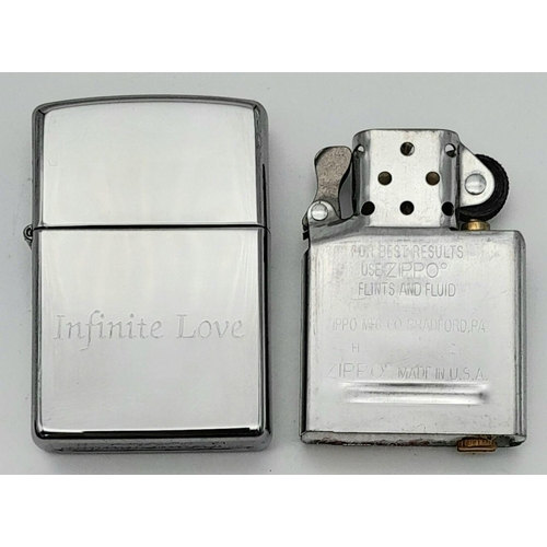 1516 - A Zippo Lighter Engraved with 'Infinite Love' and a Zippo Insert. UK MAINLAND SHIPPING ONLY!