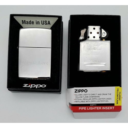 1516 - A Zippo Lighter Engraved with 'Infinite Love' and a Zippo Insert. UK MAINLAND SHIPPING ONLY!