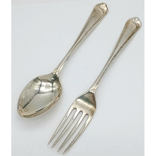 1538 - A matching set of vintage sterling silver teaspoon and fork. Full Sheffield hallmarks, 1947. Total w... 