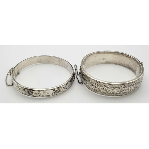 1557 - Two Vintage Solid Silver 925 Bangles, Total weight: 42.3 grams, Approx. 6cm diameter, with safety ch... 