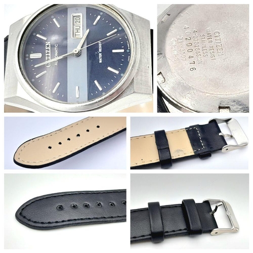 1584 - A Vintage Citizen Automatic Gents Watch. Black leather strap. Stainless steel case - 37mm. Two tone ... 