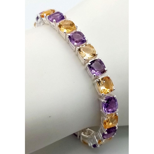 1591 - A Cushion Cut Citrine and Amethyst Gemstone Bracelet set in 925 Silver. 17cm. Cd-1610