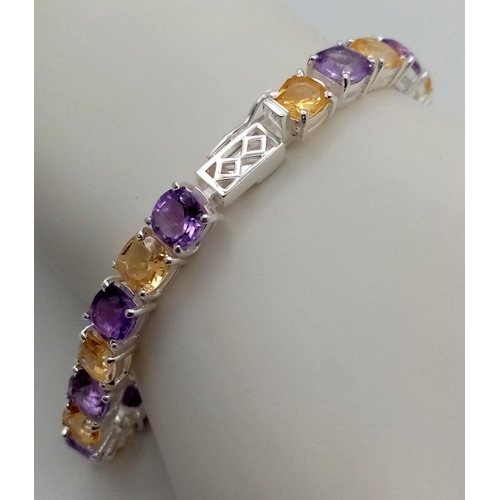 1591 - A Cushion Cut Citrine and Amethyst Gemstone Bracelet set in 925 Silver. 17cm. Cd-1610