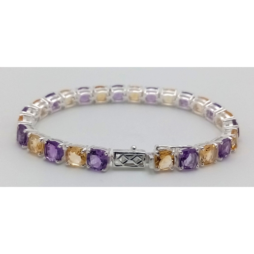 1591 - A Cushion Cut Citrine and Amethyst Gemstone Bracelet set in 925 Silver. 17cm. Cd-1610