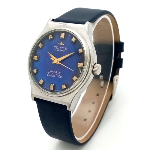 1598 - A Vintage Fortis 17 Jewels Gents Watch. Blue leather strap. Stainless steel case - 35mm. Blue dial. ... 