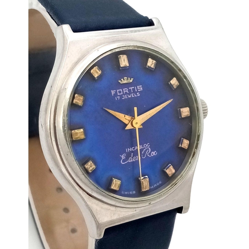 1598 - A Vintage Fortis 17 Jewels Gents Watch. Blue leather strap. Stainless steel case - 35mm. Blue dial. ... 