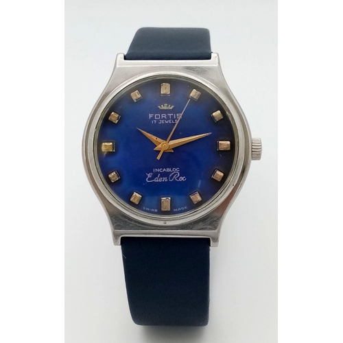 1598 - A Vintage Fortis 17 Jewels Gents Watch. Blue leather strap. Stainless steel case - 35mm. Blue dial. ... 