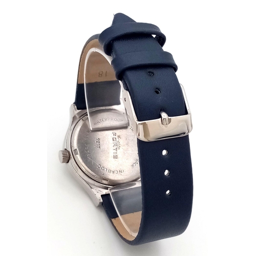 1598 - A Vintage Fortis 17 Jewels Gents Watch. Blue leather strap. Stainless steel case - 35mm. Blue dial. ... 