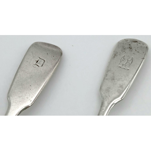 1685 - 2X antique sterling silver teaspoons. Full London hallmarks, 1859 and 1838. Total weight 46.6G. Tota... 