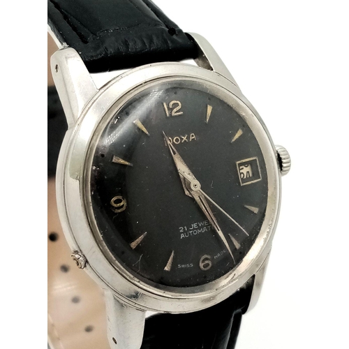 1719 - A Vintage Doxa 21 Jewels Automatic Gents Watch. Black leather strap. Stainless steel case - 34mm. Bl... 