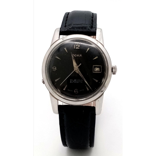 1719 - A Vintage Doxa 21 Jewels Automatic Gents Watch. Black leather strap. Stainless steel case - 34mm. Bl... 