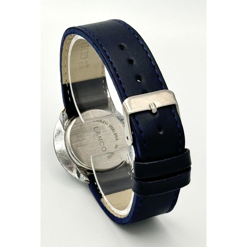 1781 - A Vintage Lanco Mechanical Jump Watch. Blue leather strap. Stainless steel case - 35mm. Blue dial wi... 