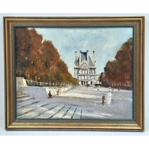 2185 - Terrace Des Feuillants - Oil on Board, by 20th century British artist Alex Carson. In frame - 59cm x... 