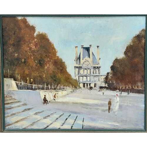 2185 - Terrace Des Feuillants - Oil on Board, by 20th century British artist Alex Carson. In frame - 59cm x... 