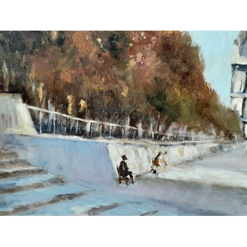 2185 - Terrace Des Feuillants - Oil on Board, by 20th century British artist Alex Carson. In frame - 59cm x... 