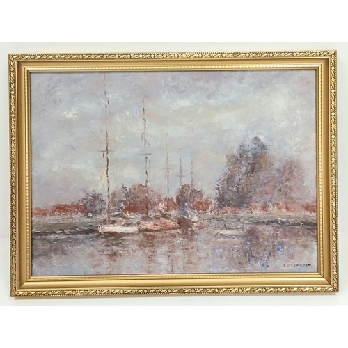 2198 - September Eve, Thurne - Oil on Board by British Artist Alex Carson. In frame - 45cm x 35cm.