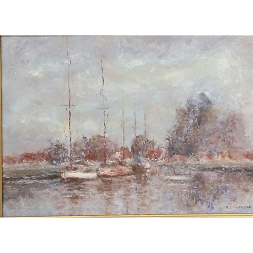 2198 - September Eve, Thurne - Oil on Board by British Artist Alex Carson. In frame - 45cm x 35cm.