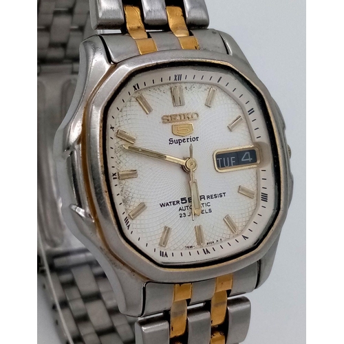 94 - A Rare Seiko 5 Superior Automatic Gents Watch. Two tone stainless steel strap and case - 38mm. White... 