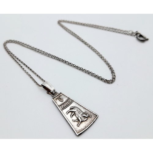 1857 - A vintage silver Aries sign pendant on 935 silver chain. Total weight 2.9G. Total length 44cm.