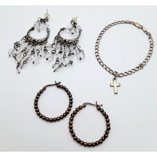 2061 - Two Vintage Pairs of Silver Earrings (hoop and drop) and a Silver Bracelet. 25g total weight.