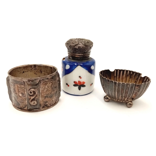 2192 - Three Antique Silver Items: Miniature perfume bottle (silver top), miniature bowl (Victorian) and Ju... 