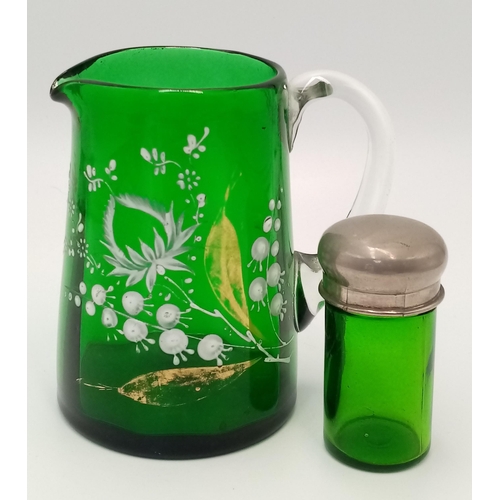 2195 - Two Antique Pieces of Green Glassware. Small water jug -11cm. Pill container - 7cm.