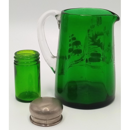 2195 - Two Antique Pieces of Green Glassware. Small water jug -11cm. Pill container - 7cm.