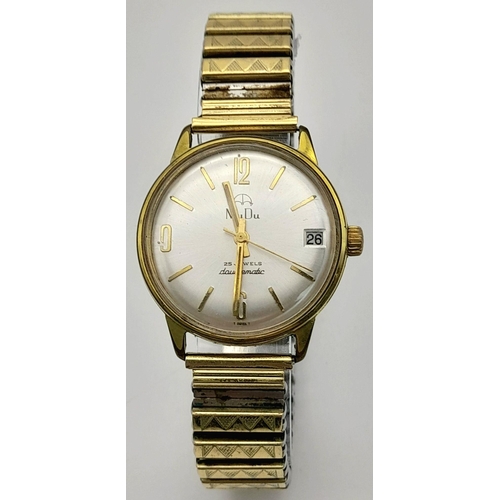 2074 - A Vintage Mudu Doublematic Gold Plated Gents Watch. Expandable bracelet. Case - 34mm. Silver tone di... 