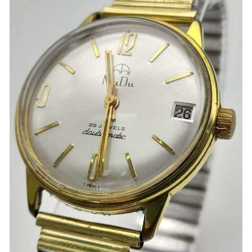 2074 - A Vintage Mudu Doublematic Gold Plated Gents Watch. Expandable bracelet. Case - 34mm. Silver tone di... 