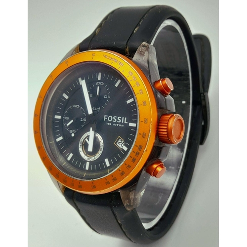 2095 - A Fossil Quartz Chronograph Gents Watch. Black rubber strap. Case - 46mm. Black dial with three sub ... 